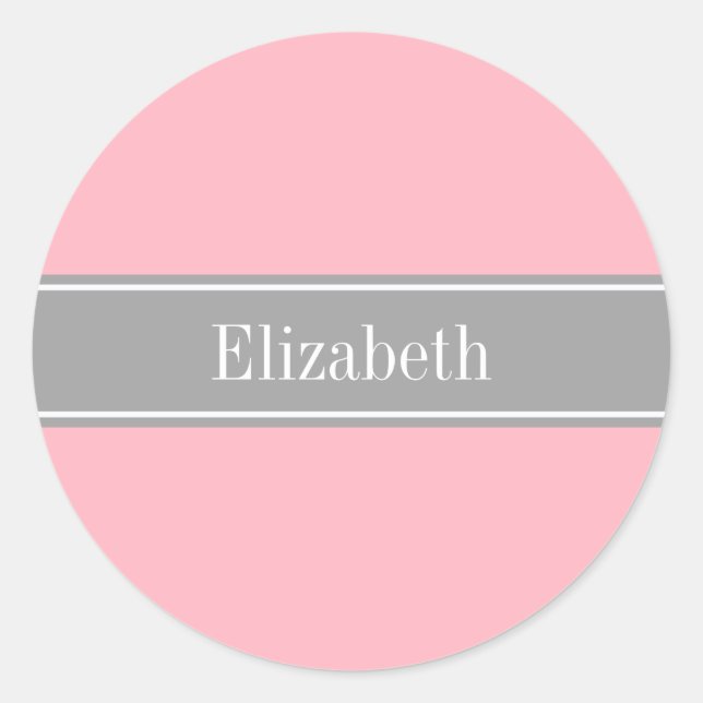 Sticker Rond Solid Pink, Dark Gray Ribbon Nom Monogram (Devant)