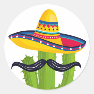 Sticker Rond Sombrero portant Cactus avec Moustache