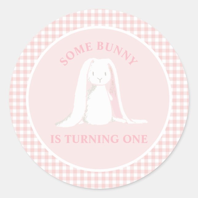 Sticker Rond Some Bunny is One Anniversaire Rose Gingham (Devant)