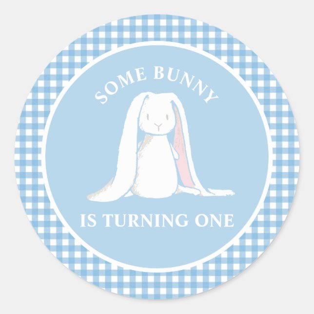 Sticker Rond Some Bunny is One bleu Gingham Anniversaire (Devant)