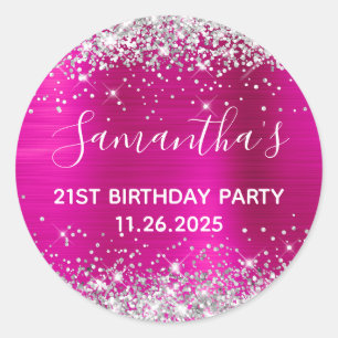 Sticker Rond Son 21e Anniversaire Paillettes Rose Chaud et Arge