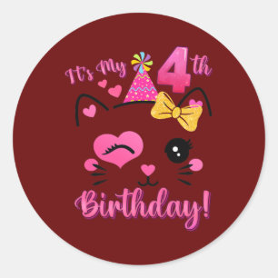 Sticker Rond Son 4 Anniversaire Fille mignonne Chat Anniversair