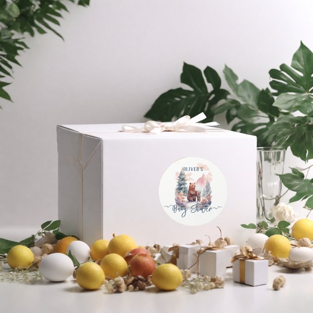 Sticker Rond Son Baby shower Froid Hors Forêt D'Hiver Ours (Créateur téléchargé)