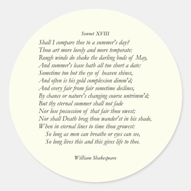 Sticker Rond Sonnet # 18 par William Shakespeare (Devant)