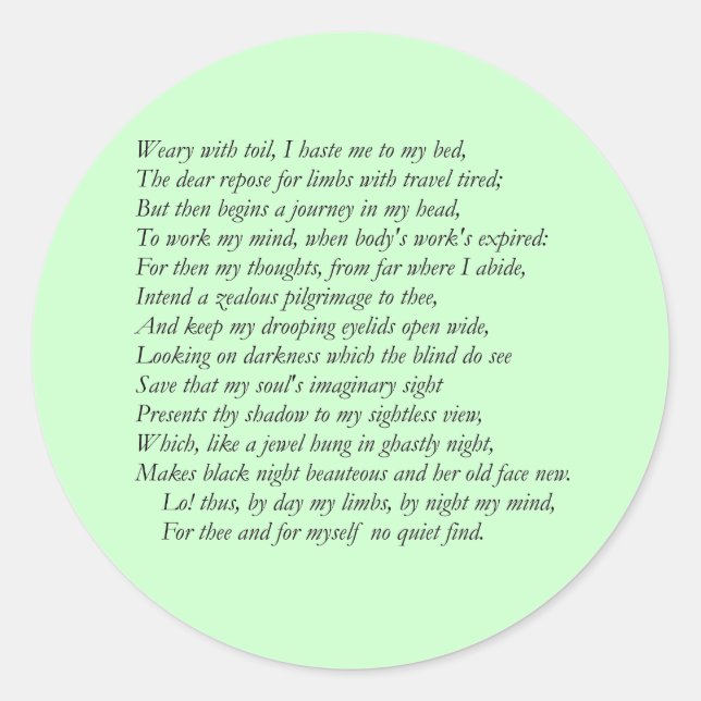 Sticker Rond Sonnet # 27 par William Shakespeare (Devant)