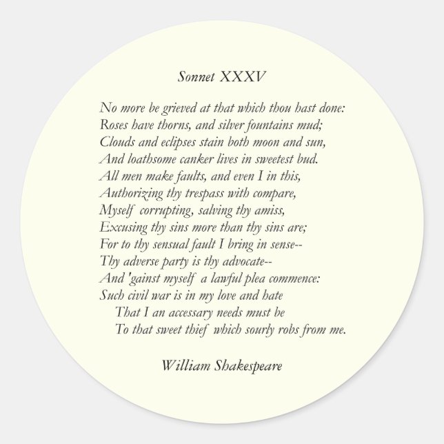 Sticker Rond Sonnet # 35 par William Shakespeare (Devant)