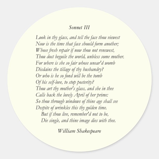 Sticker Rond Sonnet # 3 par William Shakespeare (Devant)