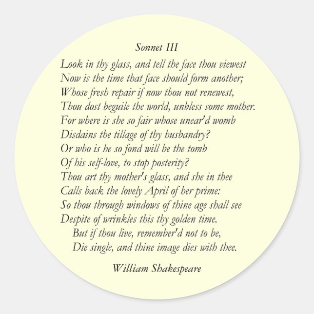 Sticker Rond Sonnet # 3 par William Shakespeare (Devant)