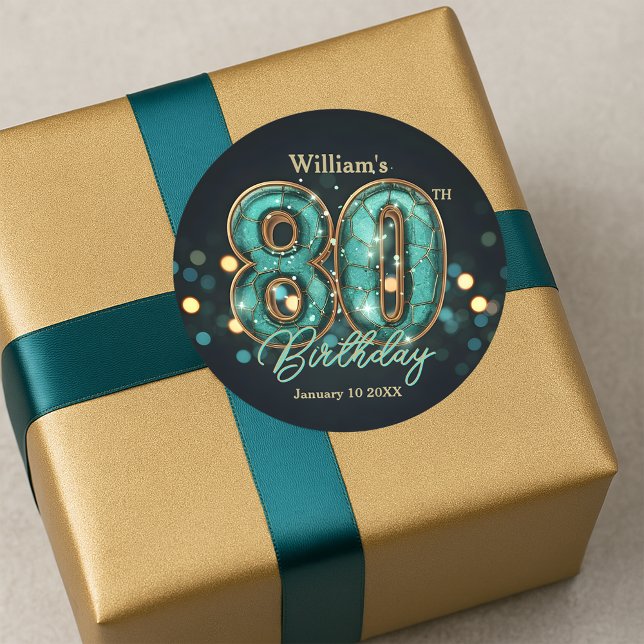 Sticker Rond Sophisticated Chic Teal and Gold 80th Birthday (Créateur téléchargé)