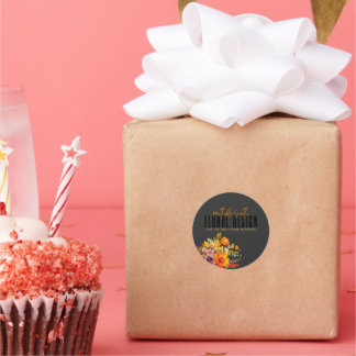 Sticker Rond Sophisticated Floral Design Black Orange Flowers 