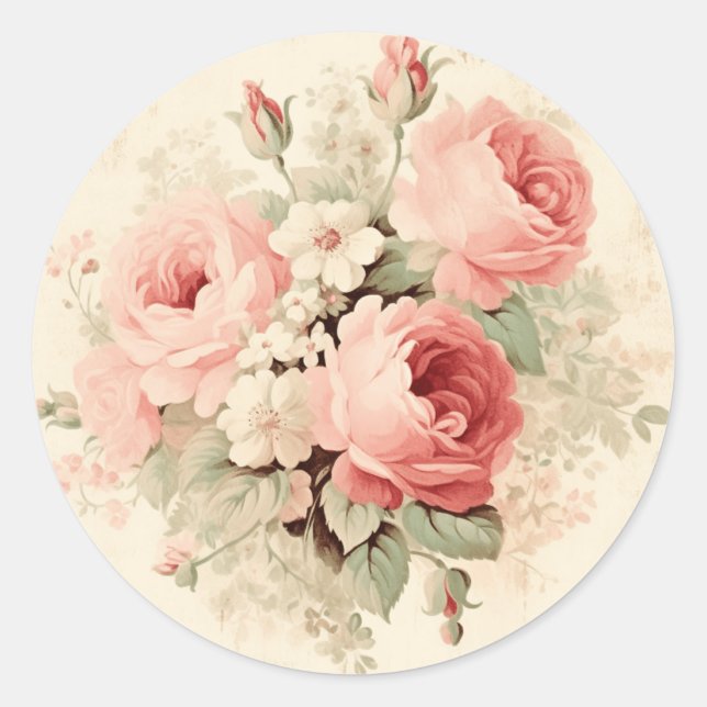 Sticker Rond Sophistication Âgée, Shabby Chic Rose Pêche (Devant)