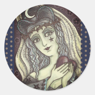 STICKER ROND SORCERESSE, BALLES DE COEUR GOTH WITTER