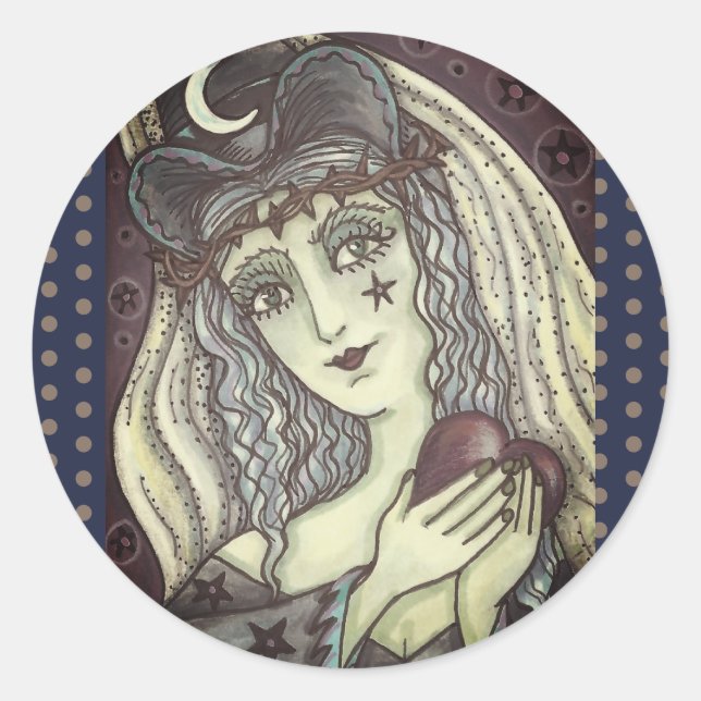 STICKER ROND SORCERESSE, BALLES DE COEUR GOTH WITTER (Devant)