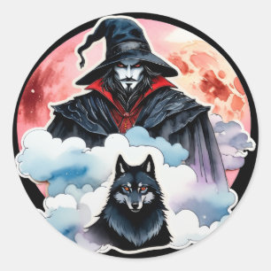 Sticker Rond Sorcier avec un Loup - Amusement de Fan de Hallowe