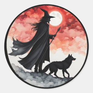 Sticker Rond Sorcier avec un Loup - Amusement de Fan de Hallowe