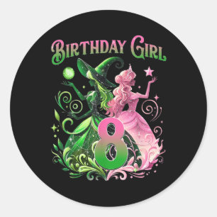 Sticker Rond Sorcière 8 Ans Rose et Vert Oiseau 8 Ans