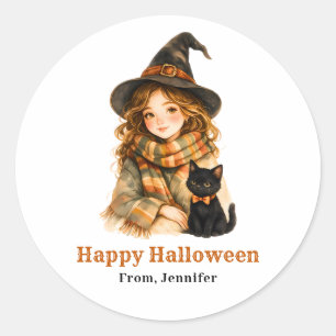 Sticker Rond Sorcière avec chat noir Joyeux Halloween