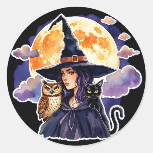 Sticker Rond Sorcière avec un Chat et un Hibou - Amusement pour