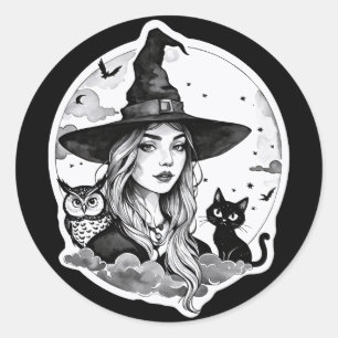 Sticker Rond Sorcière avec un Chat et un Hibou - Amusement pour