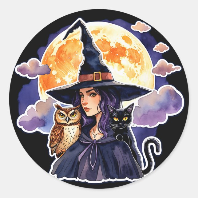 Sticker Rond Sorcière avec un chat et une chouette - Halloween  (Devant)