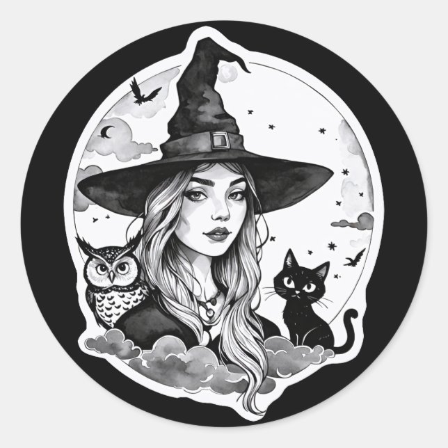Sticker Rond Sorcière avec un chat et une chouette - Halloween  (Devant)