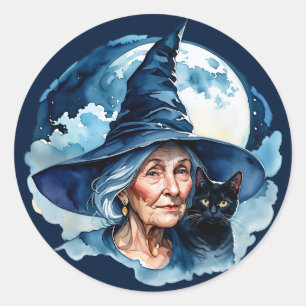 Sticker Rond Sorcière avec un chat - Halloween Wicca 1
