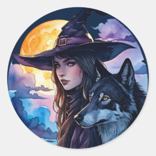 Sticker Rond Sorcière avec un loup - Halloween Fun 1