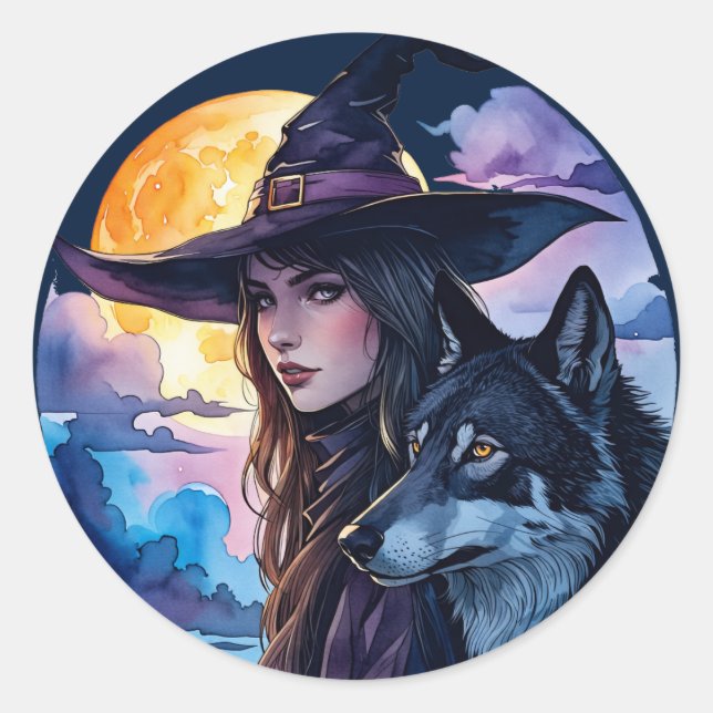 Sticker Rond Sorcière avec un loup - Halloween Fun 1 (Devant)