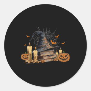 Sticker Rond Sorcière Casquette Et Livre Magique Bibliothèque É