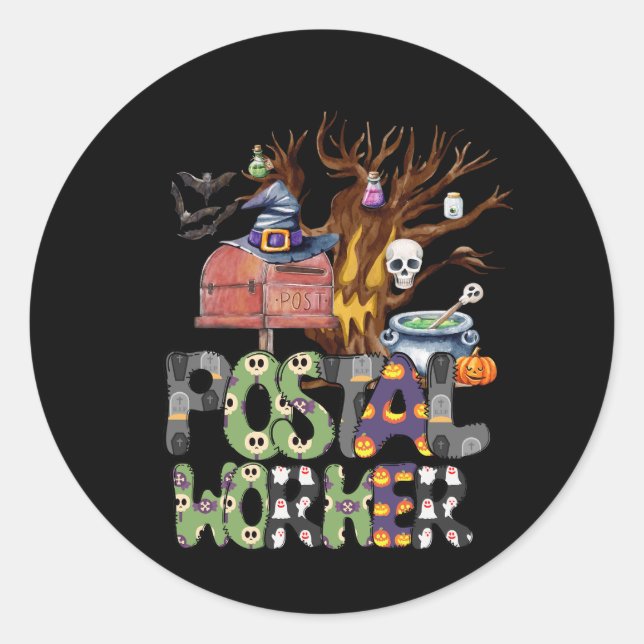 Sticker Rond Sorcière Casquette Postal Worker Citrouilles Spide (Devant)