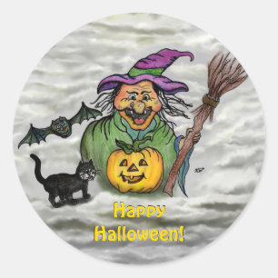 Sticker Rond Sorcière, Chat, Chauve-souris et Citrouille, Bonne