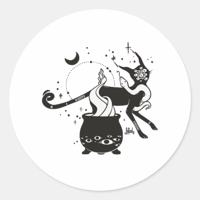 Sticker Rond Sorcière Chat Noir Avec Cauldron, Art Gothique (Devant)