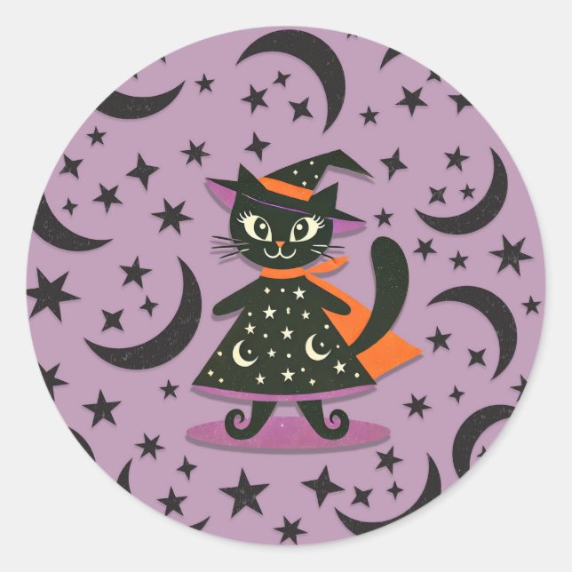 Sticker Rond Sorcière Chat Noir Lune Violette Étoiles Fête Hall (Devant)