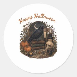 Sticker Rond Sorcière corbeau gothique Halloween Cottagecore