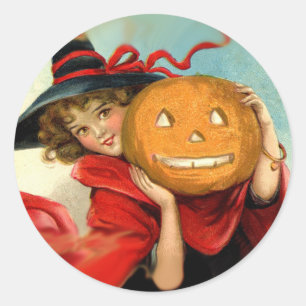 Sticker Rond Sorcière d'art vintage et Citrouille - Cadeaux d'H
