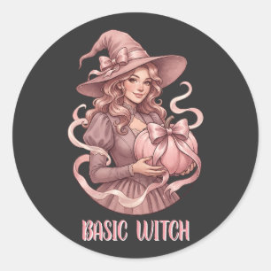 Sticker Rond Sorcière de base Coquette Vintage Citrouille Rose