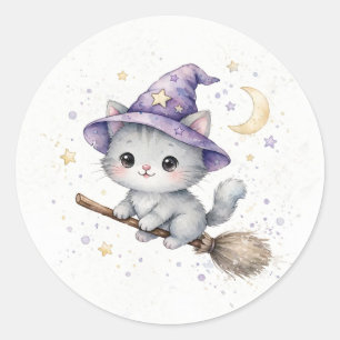 Sticker Rond Sorcière de chaton gris sur balai Halloween