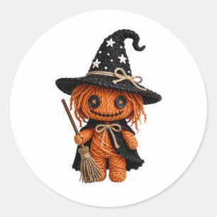 Sticker Rond Sorcière de citrouille cousue de style Amigurumi a