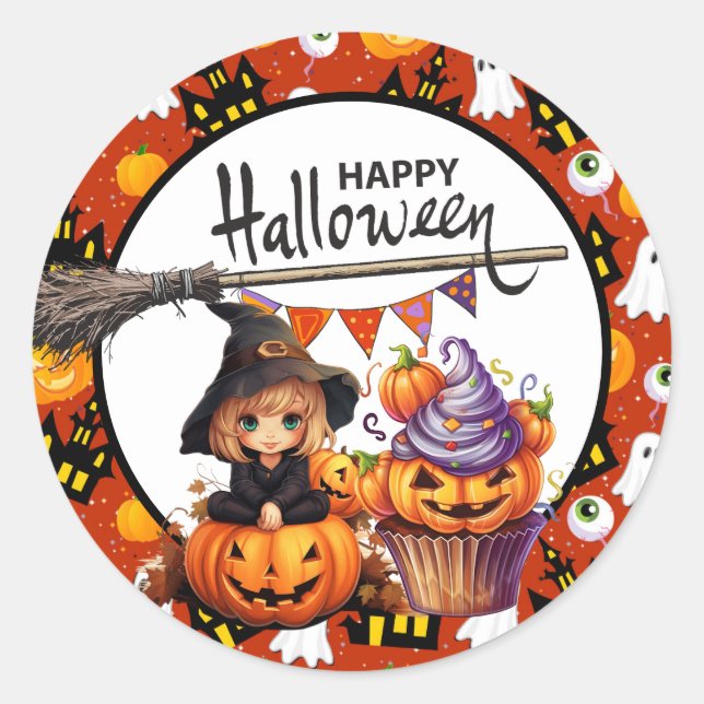 Sticker Rond Sorcière de citrouille d'Halloween  (Devant)