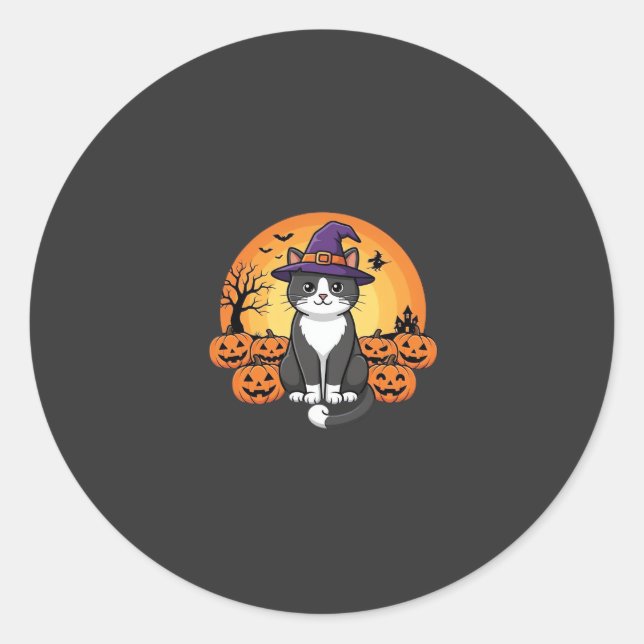 Sticker Rond Sorcière de Halloween Chat Citrouille Lune Design_ (Devant)