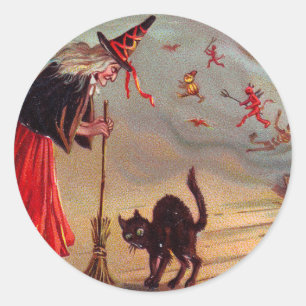 Sticker Rond Sorcière de Halloween et chat noir