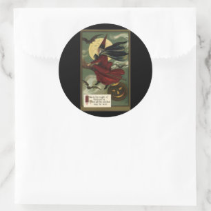 Sticker Rond Sorcière de Halloween vintage chevauchant un balai