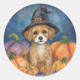Sticker Rond Sorcière de la fête d'Halloween qui aime les chien