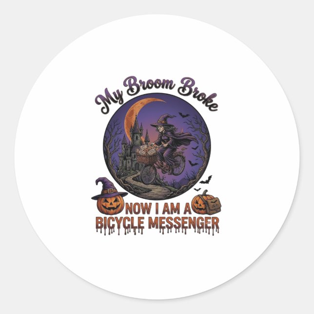 Sticker Rond Sorcière de messager de vélo cassé balai Halloween (Devant)
