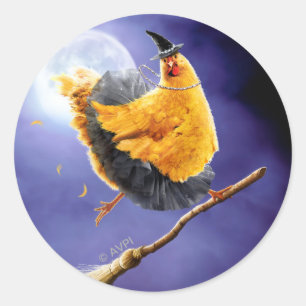 Sticker Rond Sorcière de poulet sur Broomstick