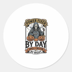 Sticker Rond Sorcière de réparation de batterie drôle Halloween