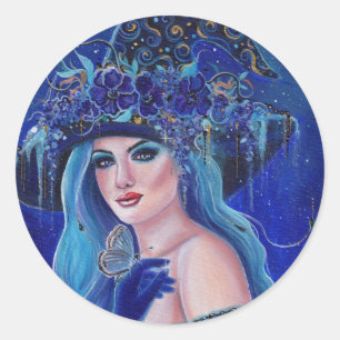 Sticker Rond Sorcière d'Halloween aux papillons de Renée Lavoie