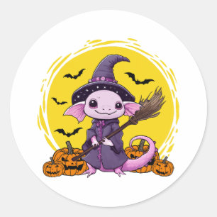 Sticker Rond Sorcière d'Halloween Axolotl Mignon