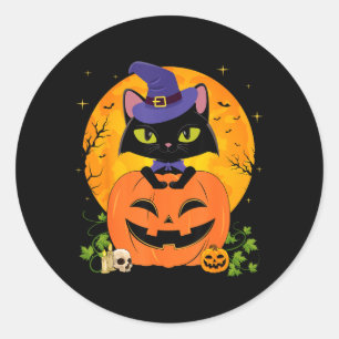 Sticker Rond Sorcière d'Halloween Chat Noir et Citrouille Fille