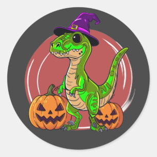 Sticker Rond Sorcière d'Halloween Dinosaure